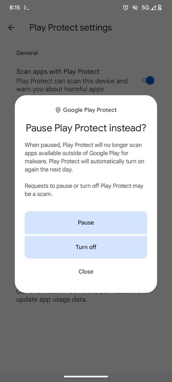 google play protect pausa temporanea per sideloading
