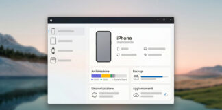 App Dispositivi Apple su Windows con iPhone connesso e sezioni Archiviazione, Backup, Sincronizzazione e Aggiornamenti
