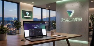ProtonVPN interfaccia app su laptop in ufficio moderno