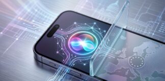 Siri AI bloccata in Europa dal DMA: iPhone con logo Siri separato dalla mappa UE da una barriera trasparente