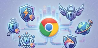 Le migliori estensioni VPN per Chrome 2026: logo Chrome al centro con icone di sicurezza e protezione