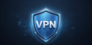 VPN gratis senza registrazione: scudo con lucchetto aperto, email barrata e scritta GRATIS