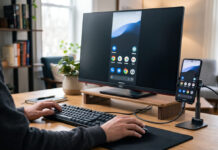 Controllare il telefono dal PC: telefono Android agganciato al monitor, schermo specchiato e comandato con mouse e tastiera