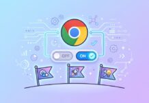 Illustrazione delle Chrome Flags con logo di Chrome, interruttori ON e OFF e bandierine che rappresentano le funzioni sperimentali