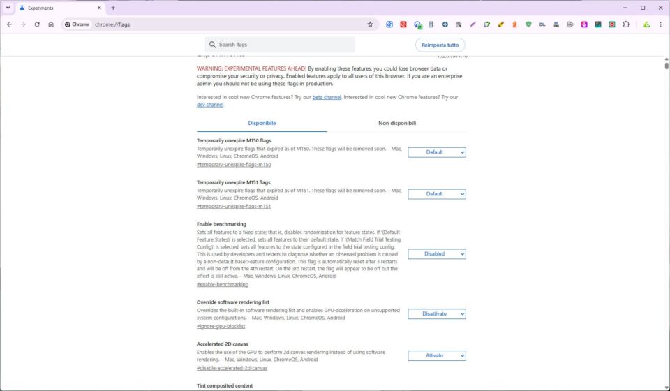 Pagina chrome://flags con la casella di ricerca e il menu a tendina per attivare una flag