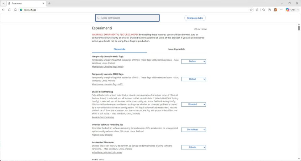 Pagina edge://flags di Microsoft Edge con casella di ricerca e pulsante Reimposta tutto, identica nella struttura alla pagina chrome://flags