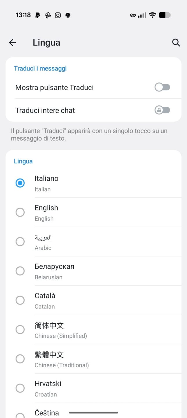 selezione della lingua nelle impostazioni di Telegram su smartphone