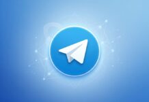 logo di Telegram su sfondo blu con rete di connessioni a rappresentare la sincronizzazione cloud